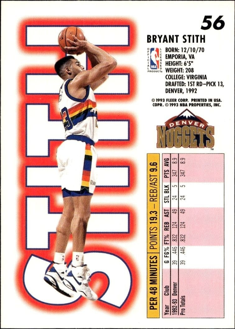 1993-94 Fleer Bryant Stith #56 basketball trading card back
