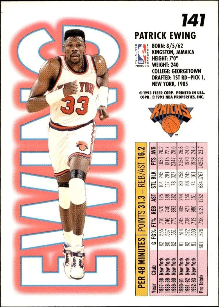 1993-94 Fleer Patrick Ewing #141 basketball trading card back