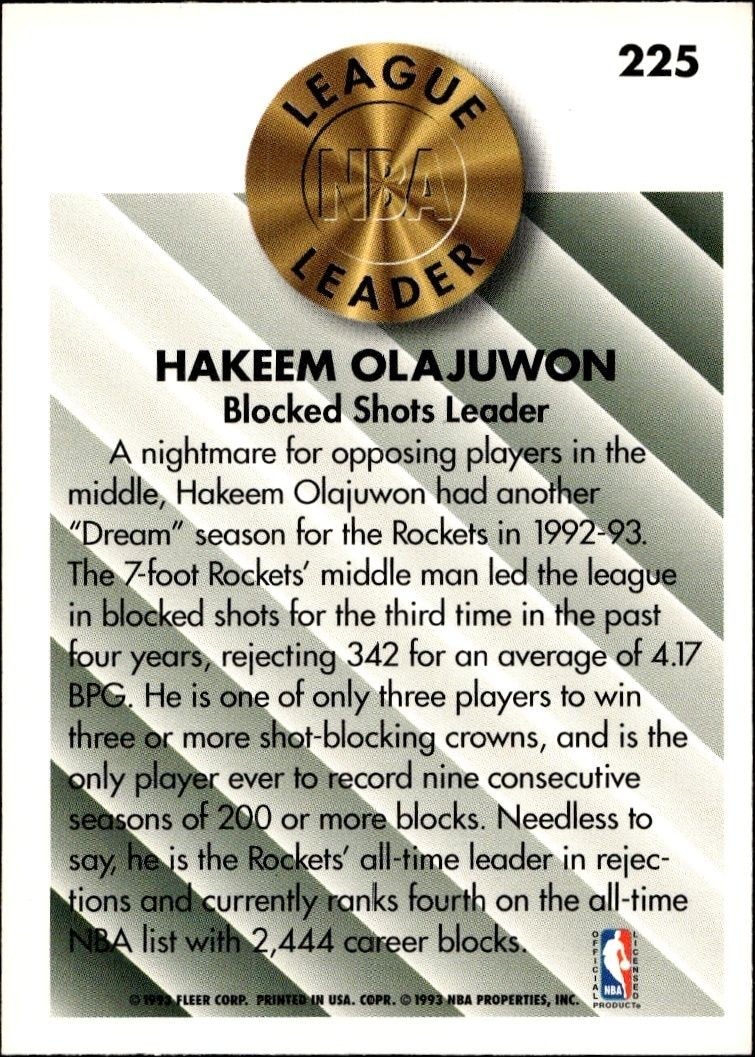 1993-94 Fleer Hakeem Olajuwon #225 basketball trading card back