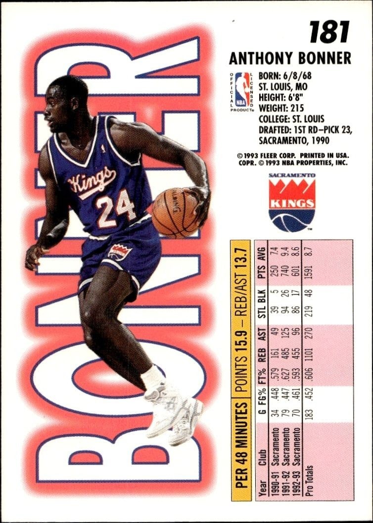 1993-94 Fleer Anthony Bonner #181 basketball trading card back