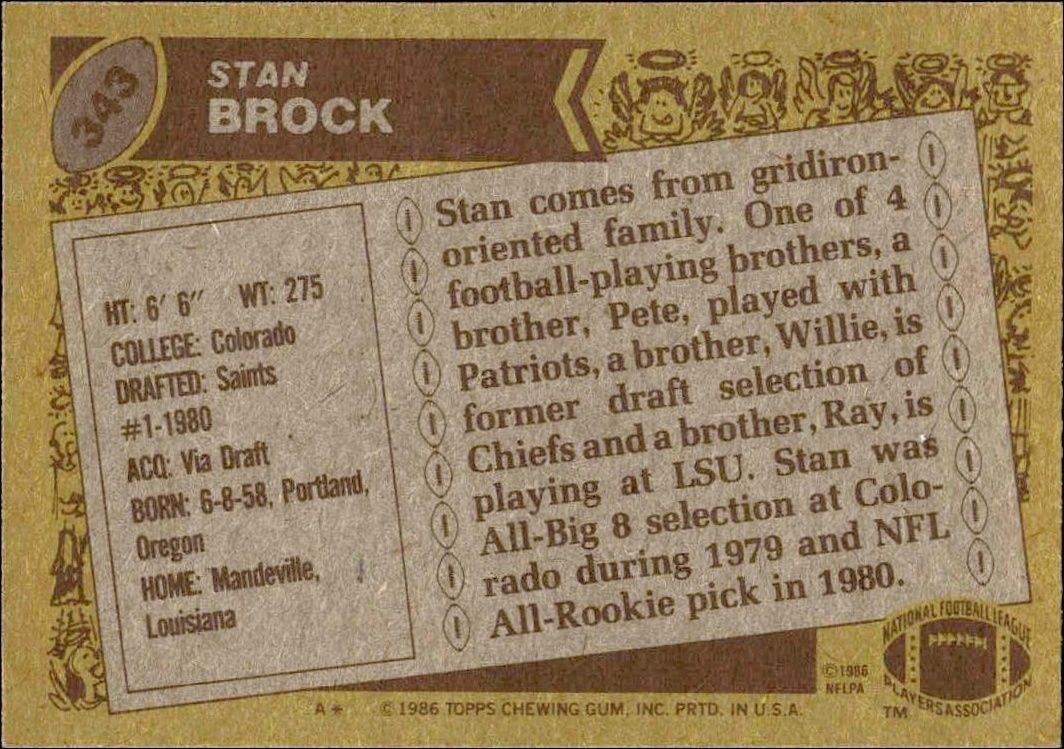 1986 Topps Stan Brock #343 football trading card back