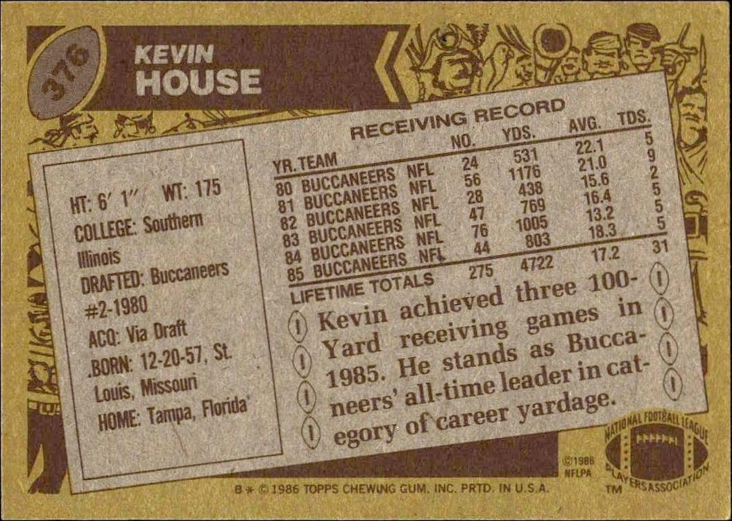 1986 Topps Kevin House #376 football trading card back