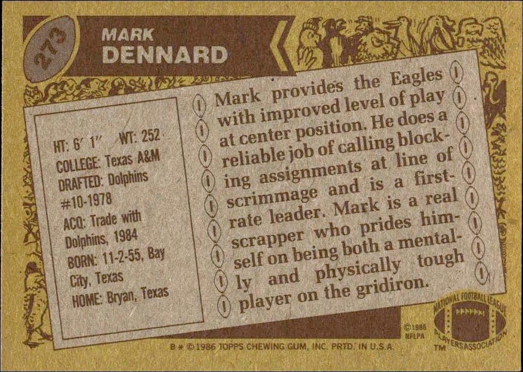 1986 Topps Mark Dennard #273 football trading card back