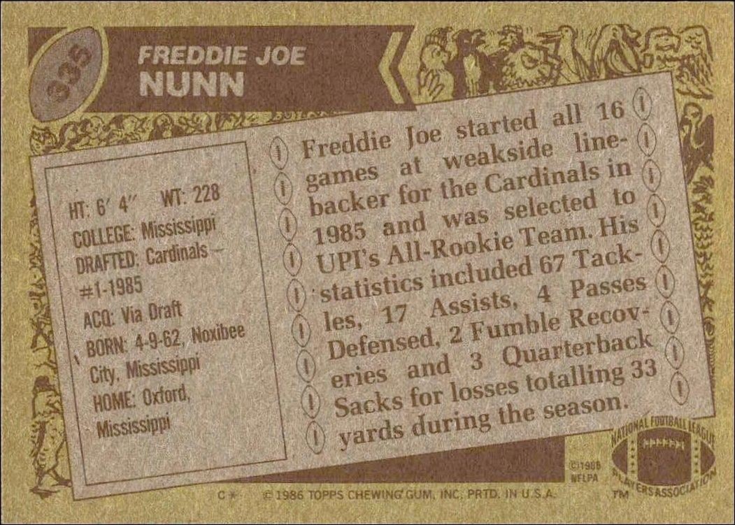 1986 Topps Freddie Joe Nunn #335 football trading card back
