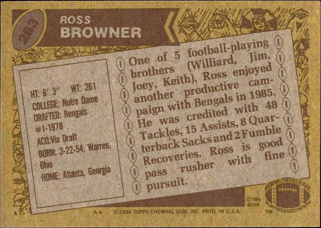 1986 Topps Ross Browner #263 football trading card back