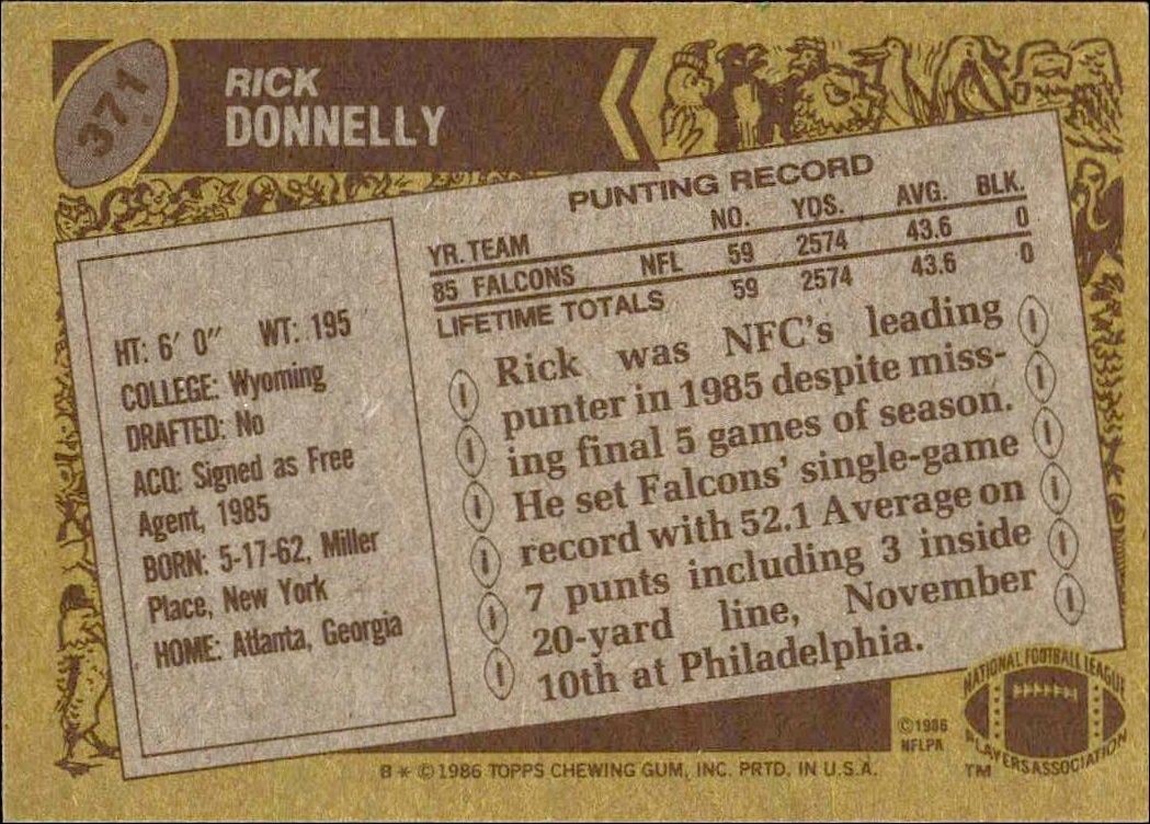 1986 Topps Rick Donnelly #371 football trading card back