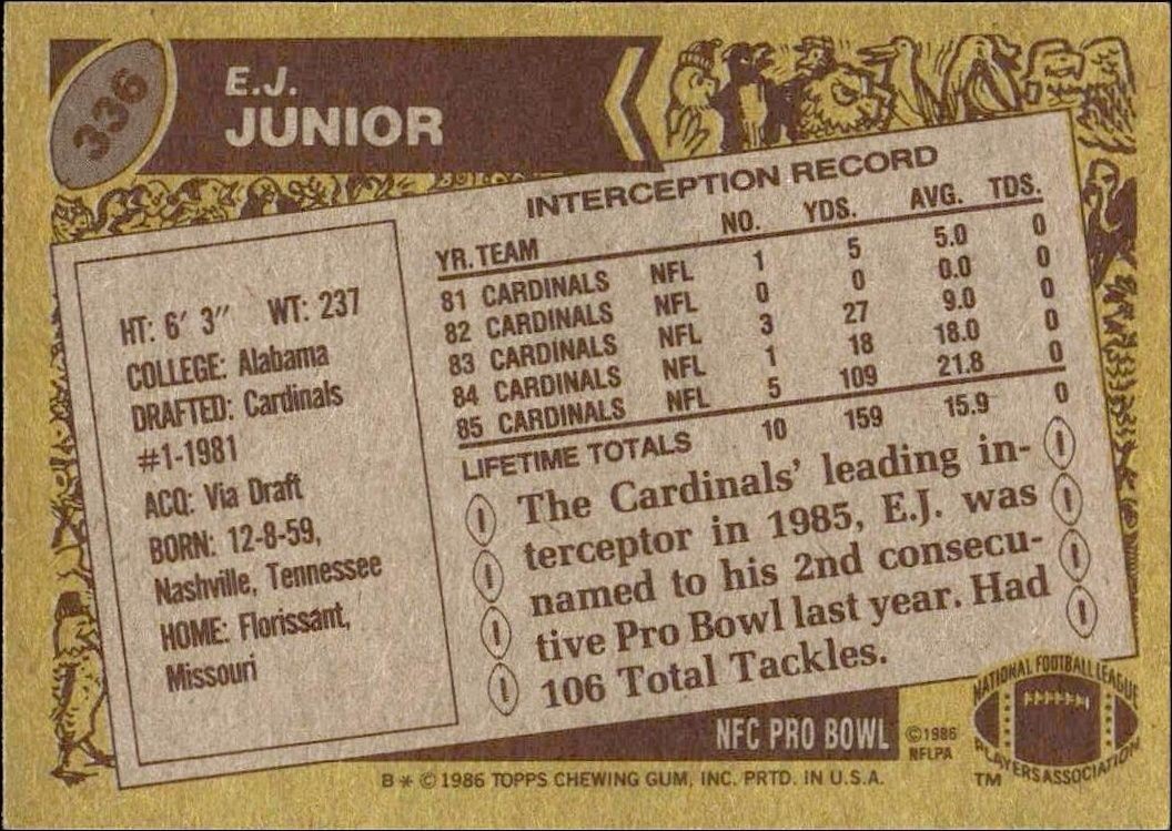 1986 Topps E.J. Junior #336 football trading card back