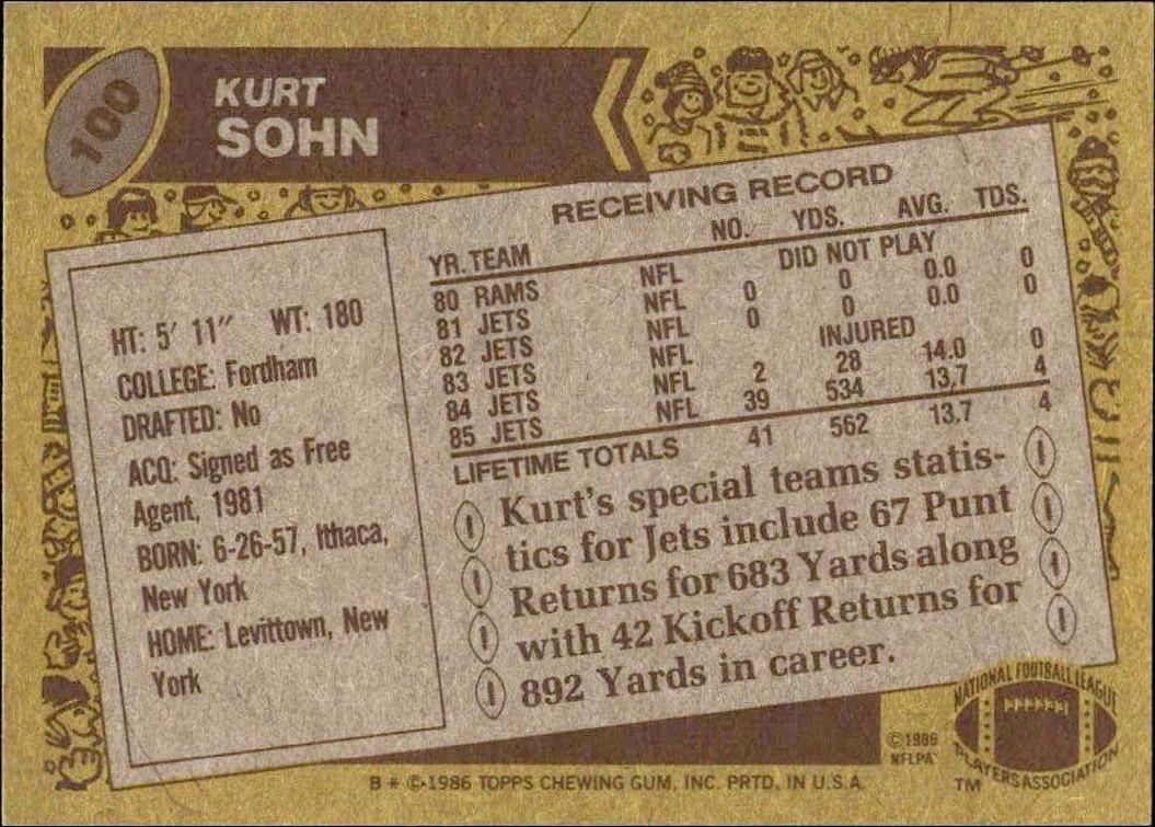 1986 Topps Kurt Sohn #100 football trading card back