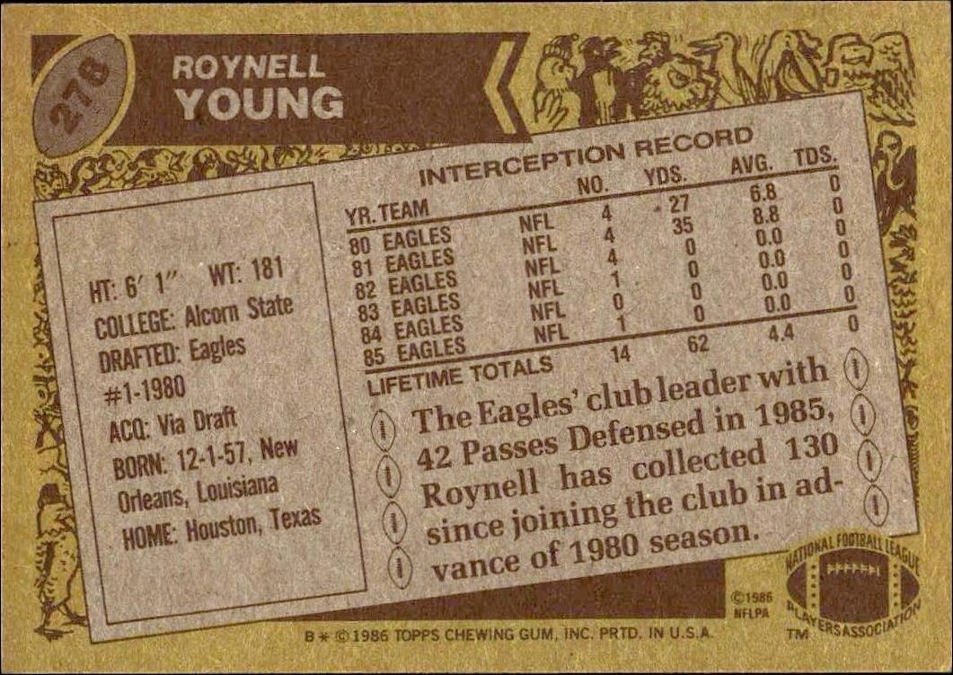 1986 Topps Roynell Young #278 football trading card back