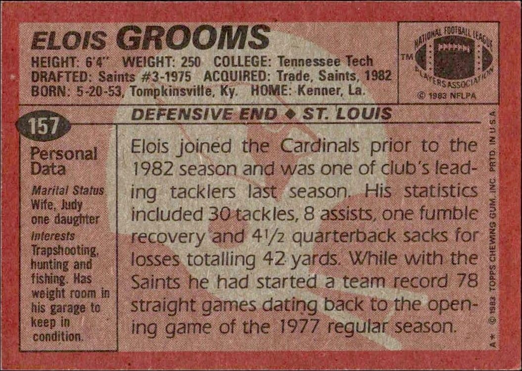 1983 Topps Elois Grooms #157 football trading card back