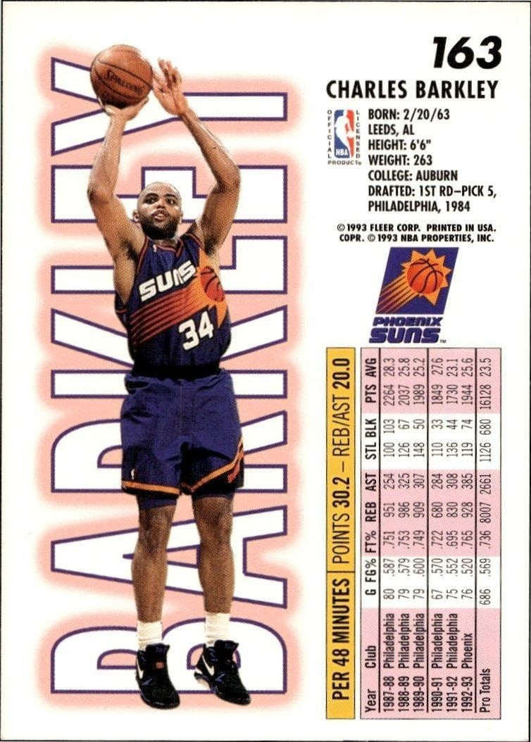 1993-94 Fleer Charles Barkley #163 basketball trading card back