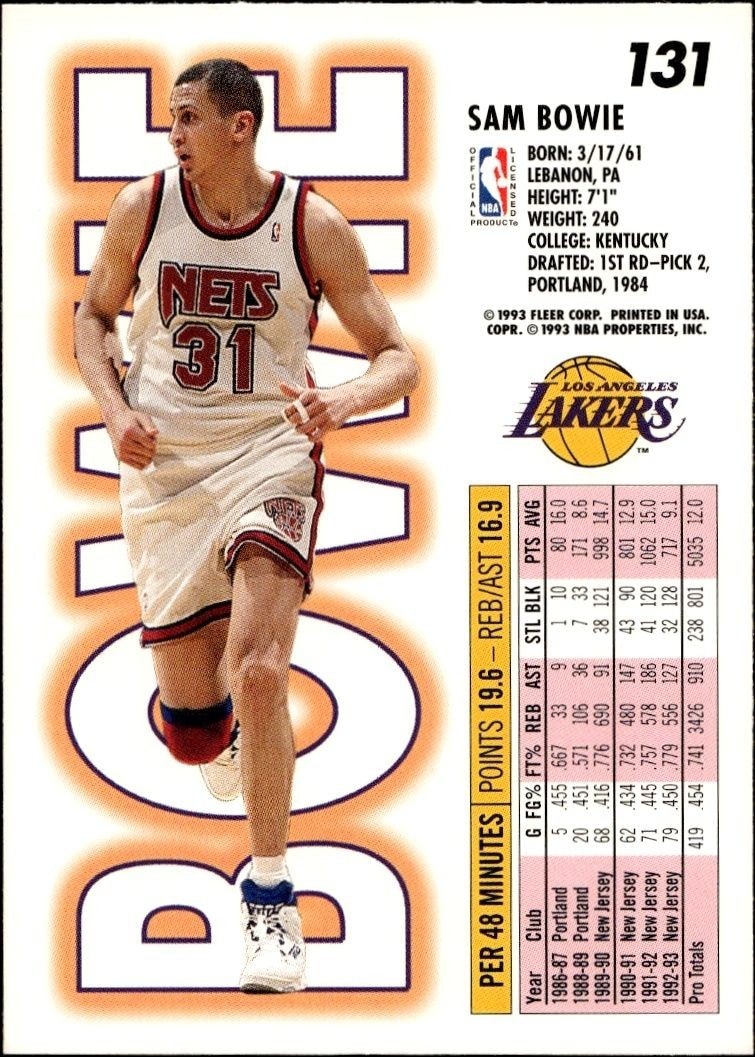1993-94 Fleer Sam Bowie #131 basketball trading card back