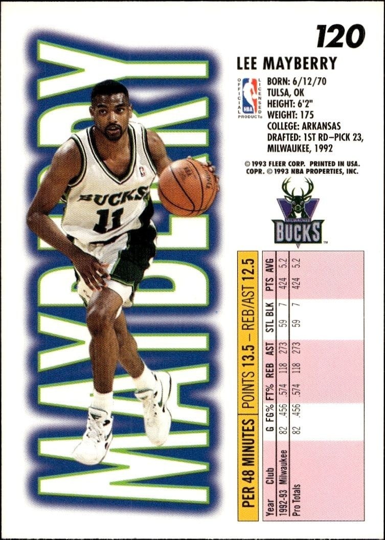 1993-94 Fleer Lee Mayberry #120 basketball trading card back