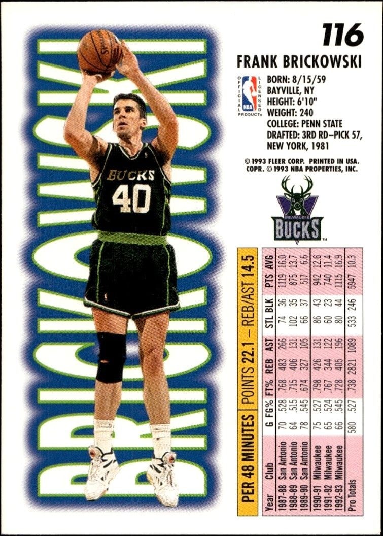 1993-94 Fleer Frank Brickowski #116 basketball trading card back