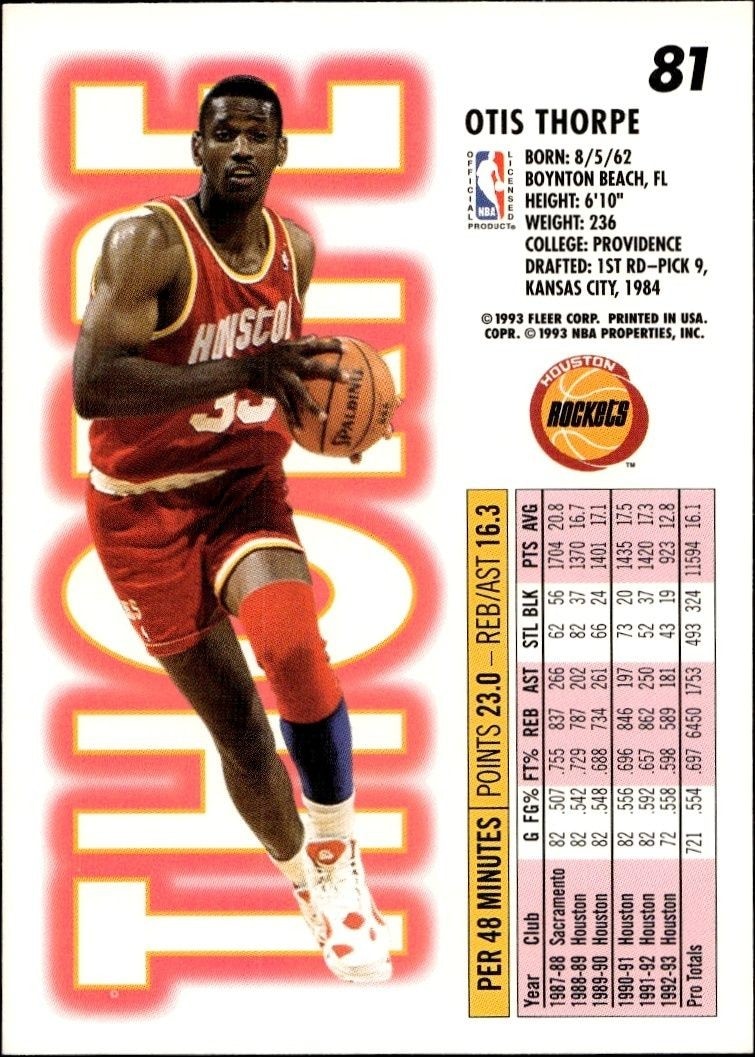 1993-94 Fleer Otis Thorpe #81 basketball trading card back
