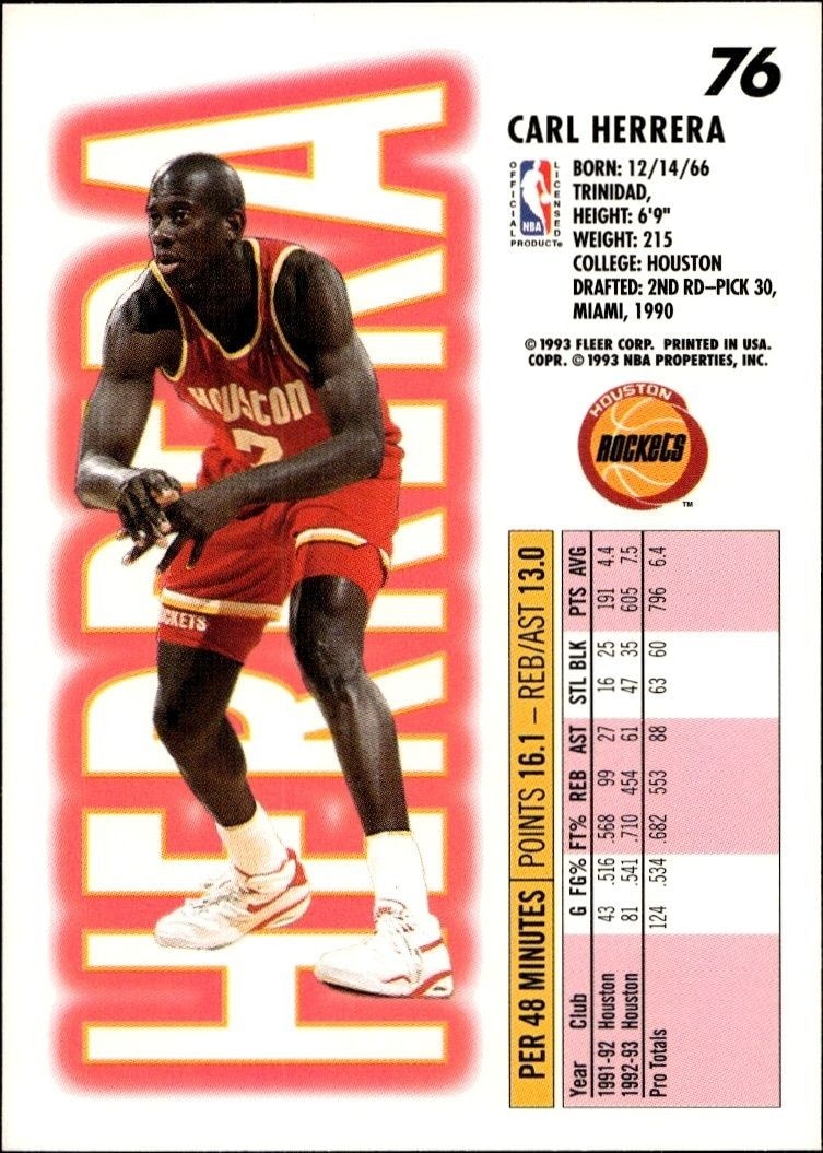 1993-94 Fleer Carl Herrera #76 basketball trading card back