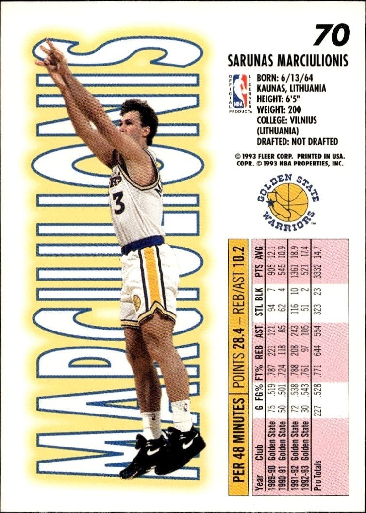 1993-94 Fleer Sarunas Marciulionis #70 basketball trading card back