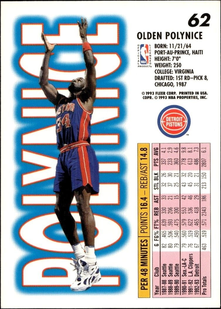1993-94 Fleer Olden Polynice #62 basketball trading card back