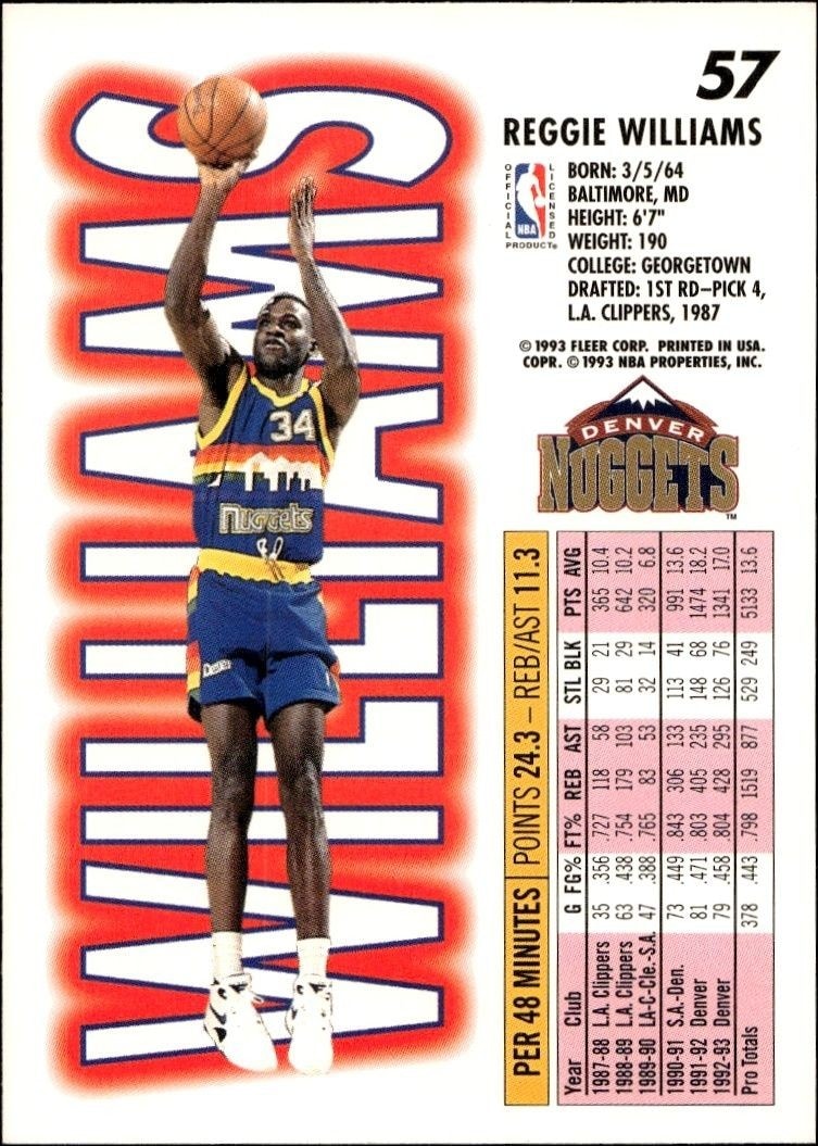 1993-94 Fleer Reggie Williams #57 basketball trading card back