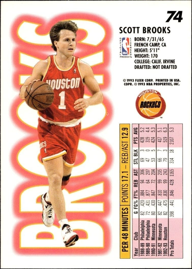 1993-94 Fleer Scott Brooks #74 basketball trading card back