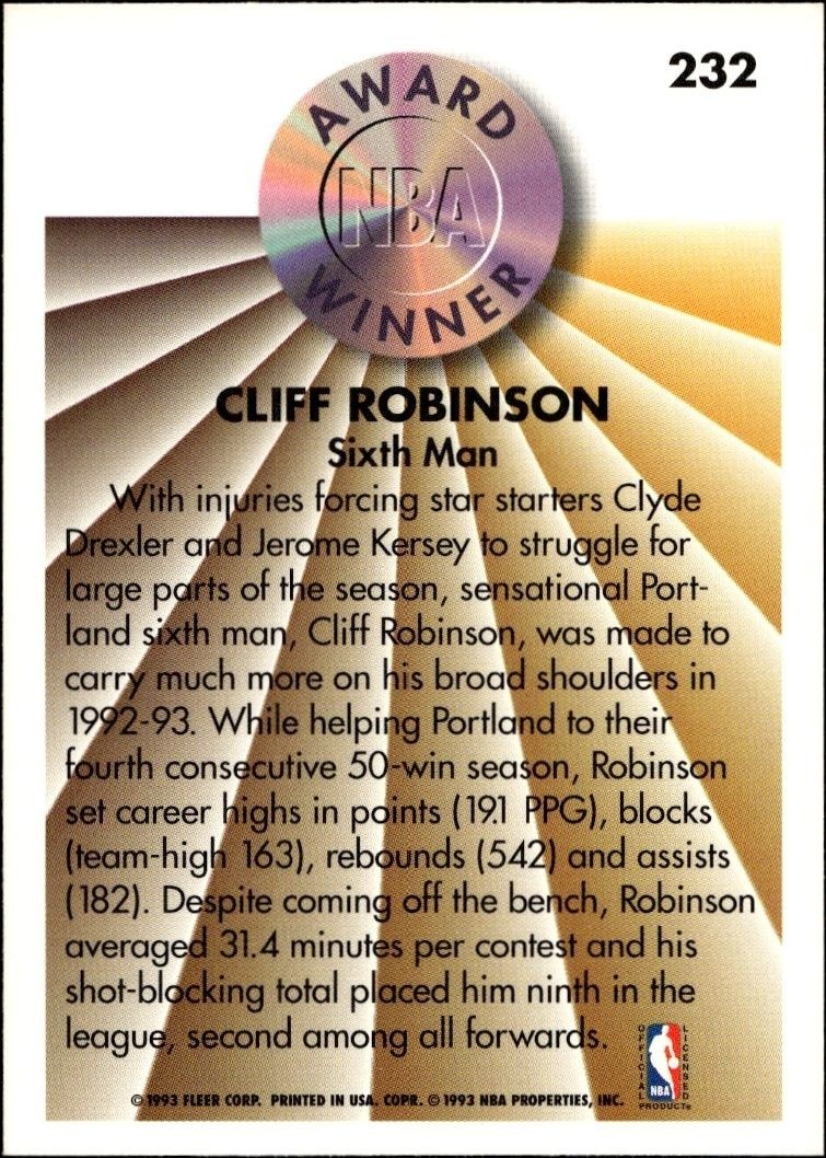 1993-94 Fleer Cliff Robinson #232 basketball trading card back