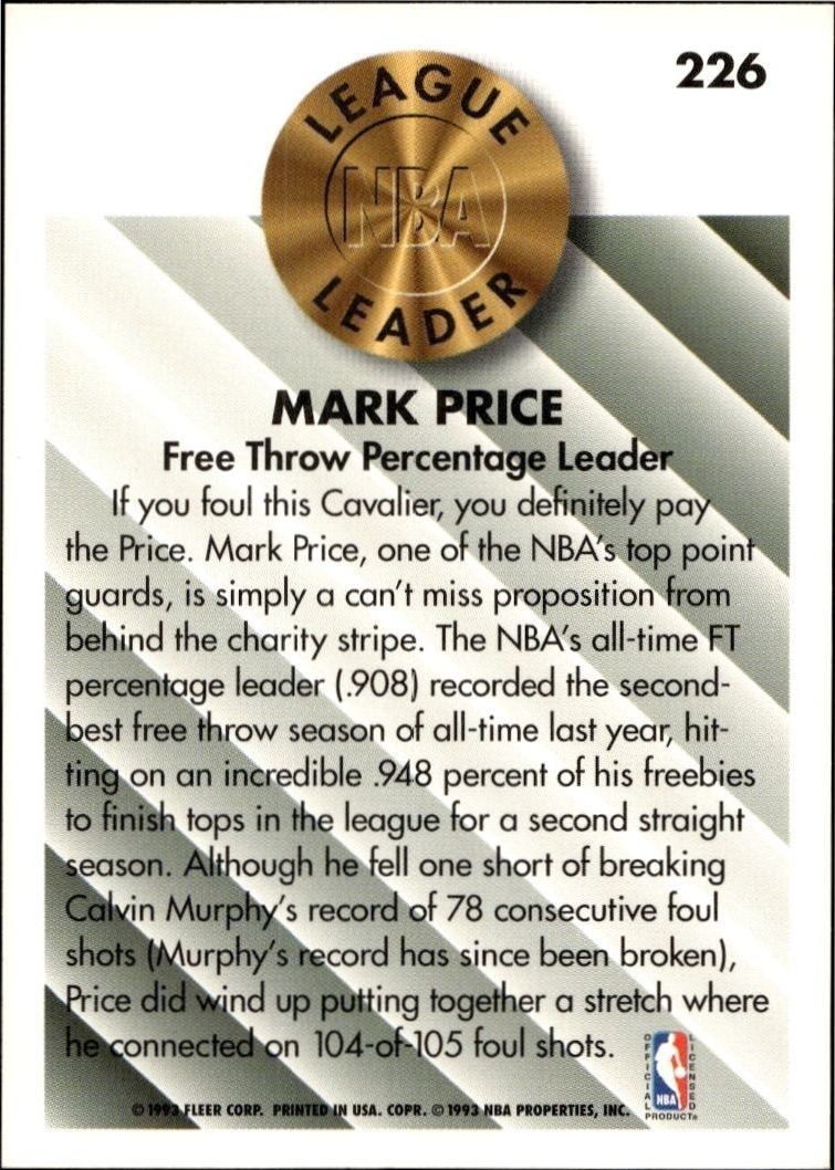 1993-94 Fleer Mark Price #226 basketball trading card back
