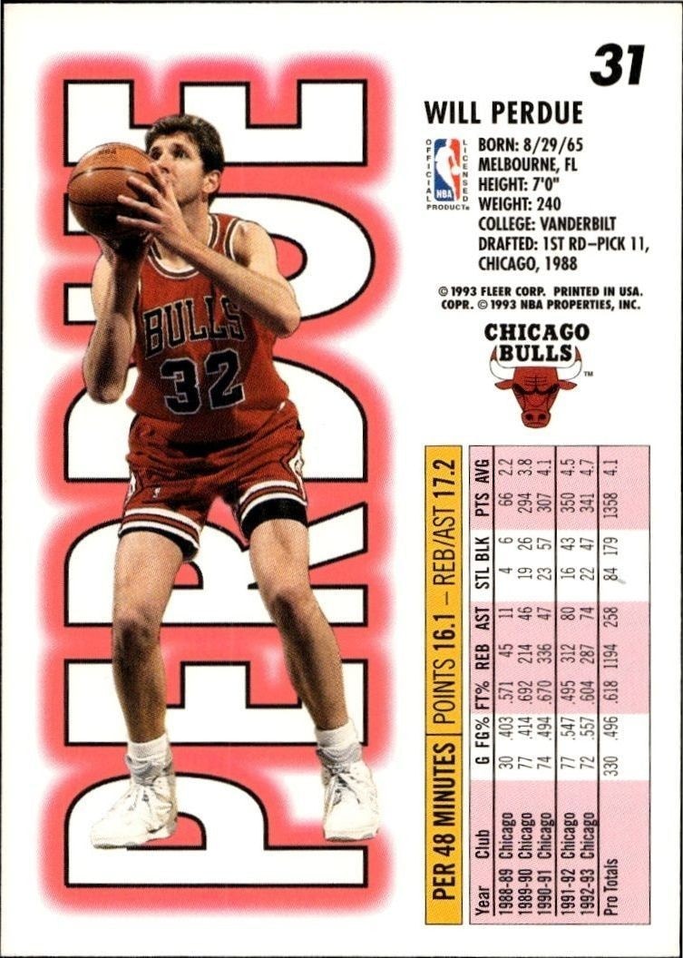 1993-94 Fleer Will Perdue #31 basketball trading card back