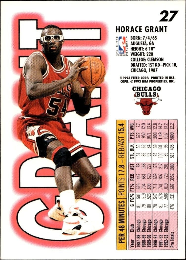 1993-94 Fleer Horace Grant #27 basketball trading card back