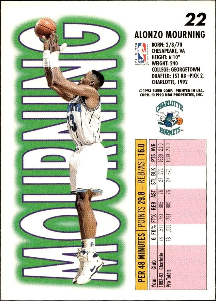 1993-94 Fleer Alonzo Mourning #22 basketball trading card back