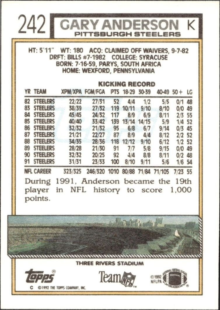 1992 Topps Gary Anderson #242 football trading card back