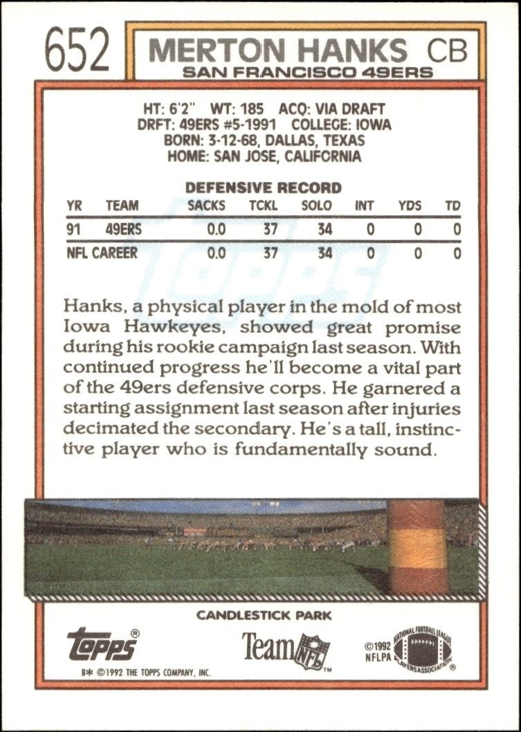 1992 Topps Merton Hanks #652 football trading card back