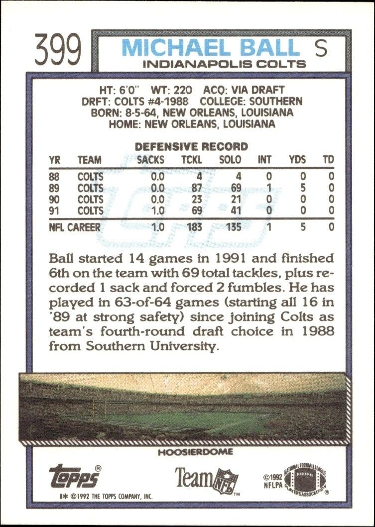1992 Topps Michael Ball #399 football trading card back