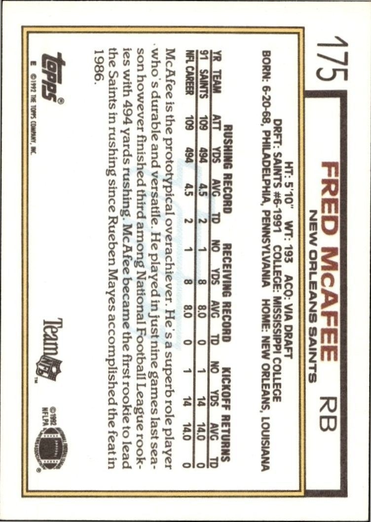 1992 Topps Fred McAfee #175 football trading card back