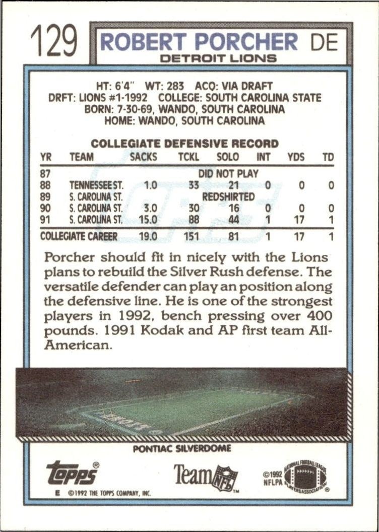 1992 Topps Robert Porcher #129 football trading card back
