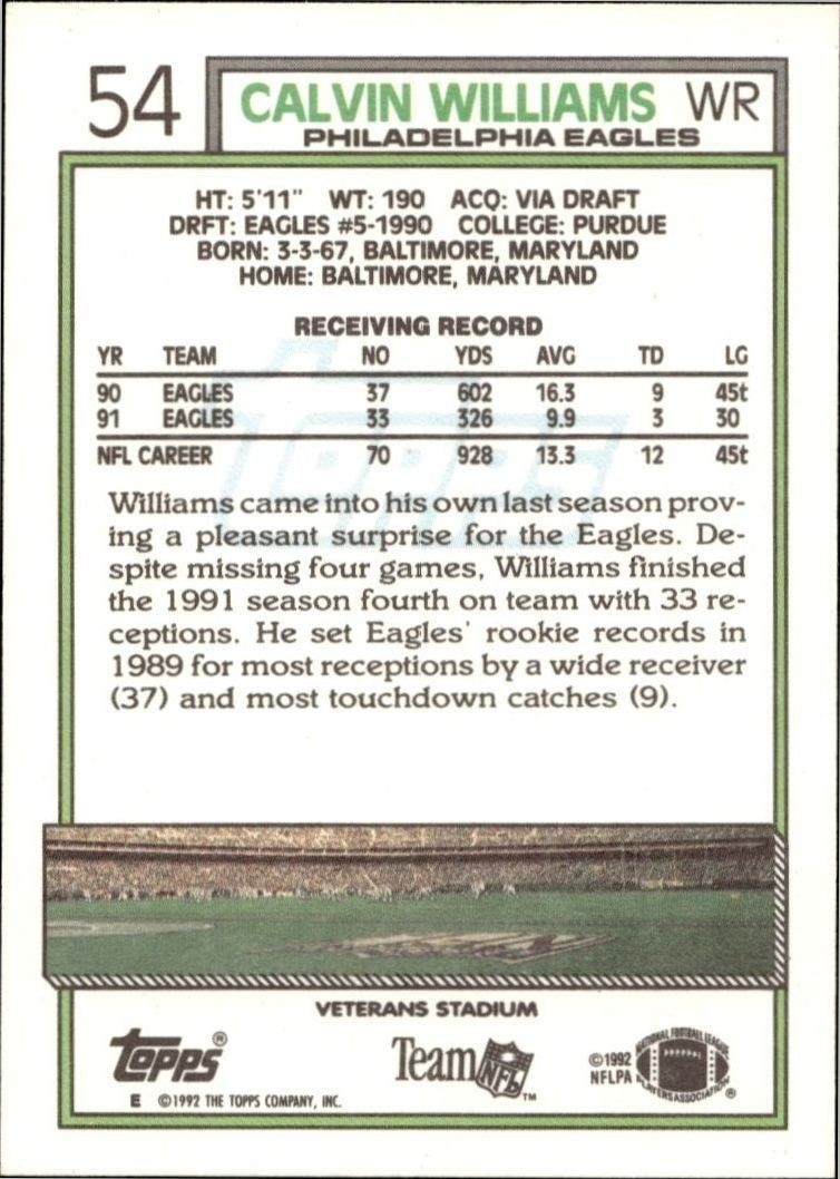 1992 Topps Calvin Williams #54 football trading card back