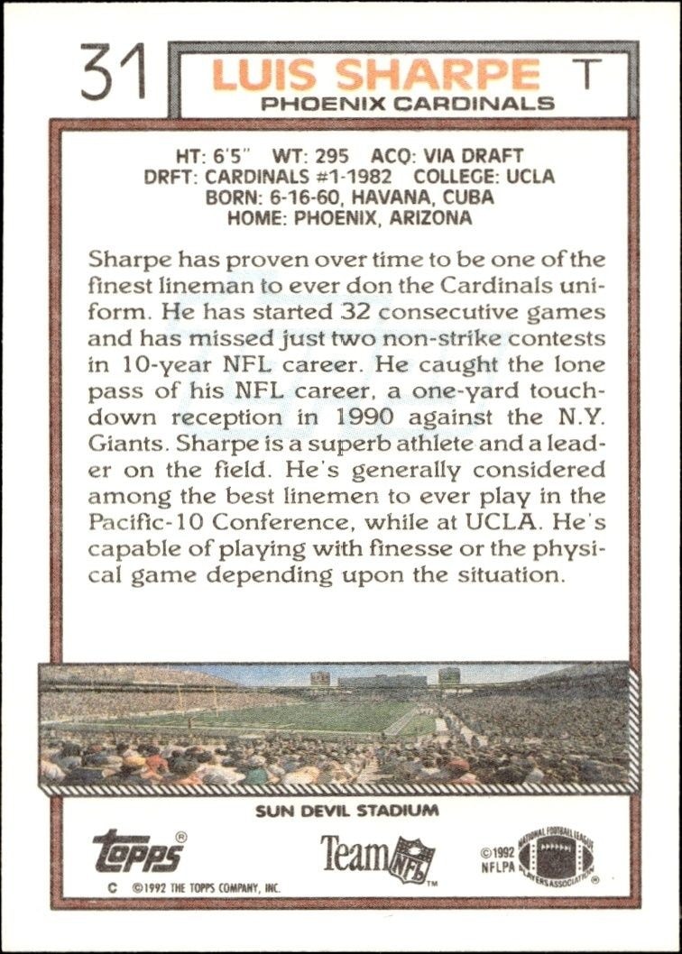 1992 Topps Luis Sharpe #31 football trading card back