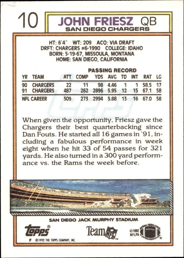 1992 Topps John Friesz #10 football trading card back