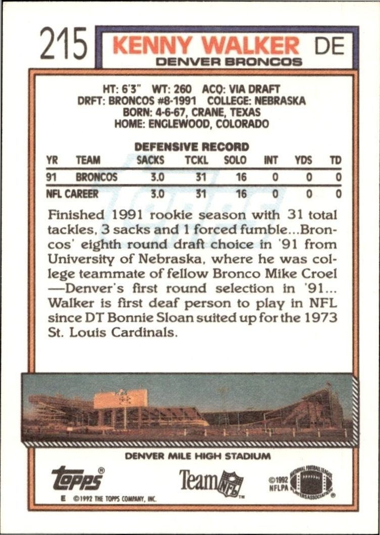 1992 Topps Kenny Walker #215 football trading card back