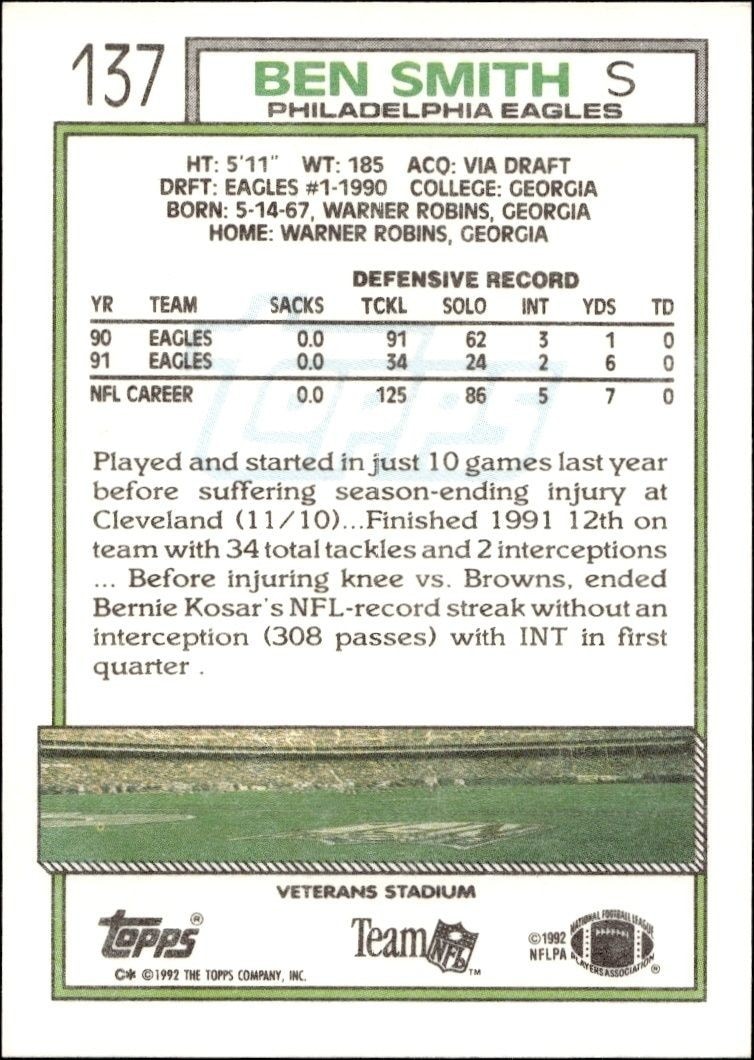 1992 Topps Ben Smith #137 football trading card back