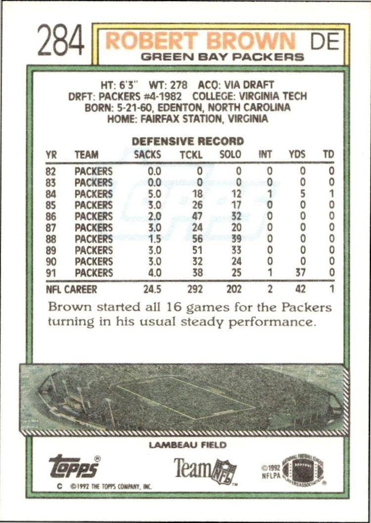 1992 Topps Robert Brown #284 football trading card back