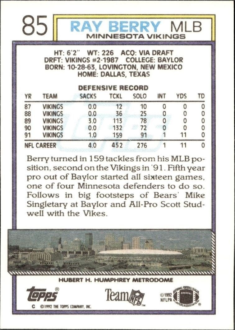 1992 Topps Ray Berry #85 football trading card back