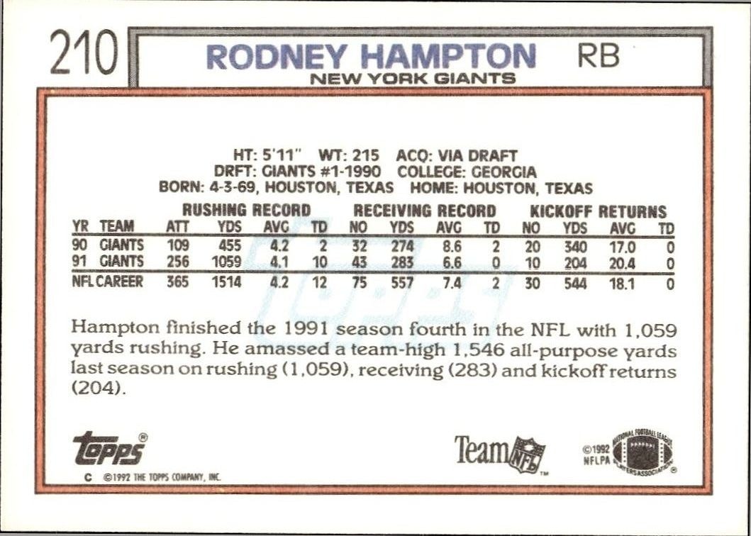 1992 Topps Rodney Hampton #210 football trading card back