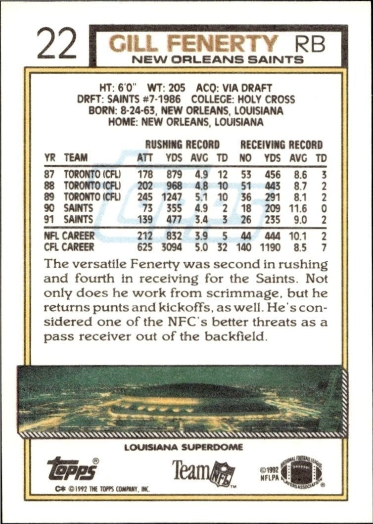 1992 Topps Gill Fenerty #22 football trading card back