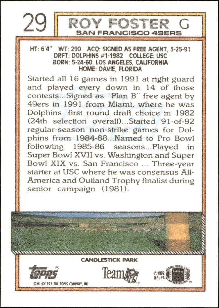 1992 Topps Roy Foster #29 football trading card back