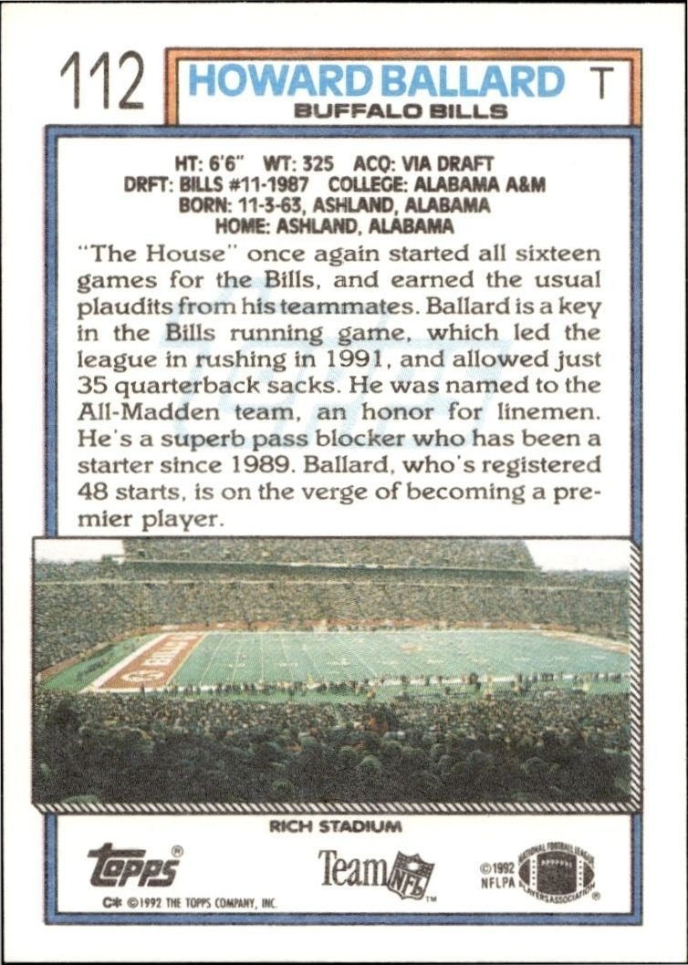 1992 Topps Howard Ballard #112 football trading card back