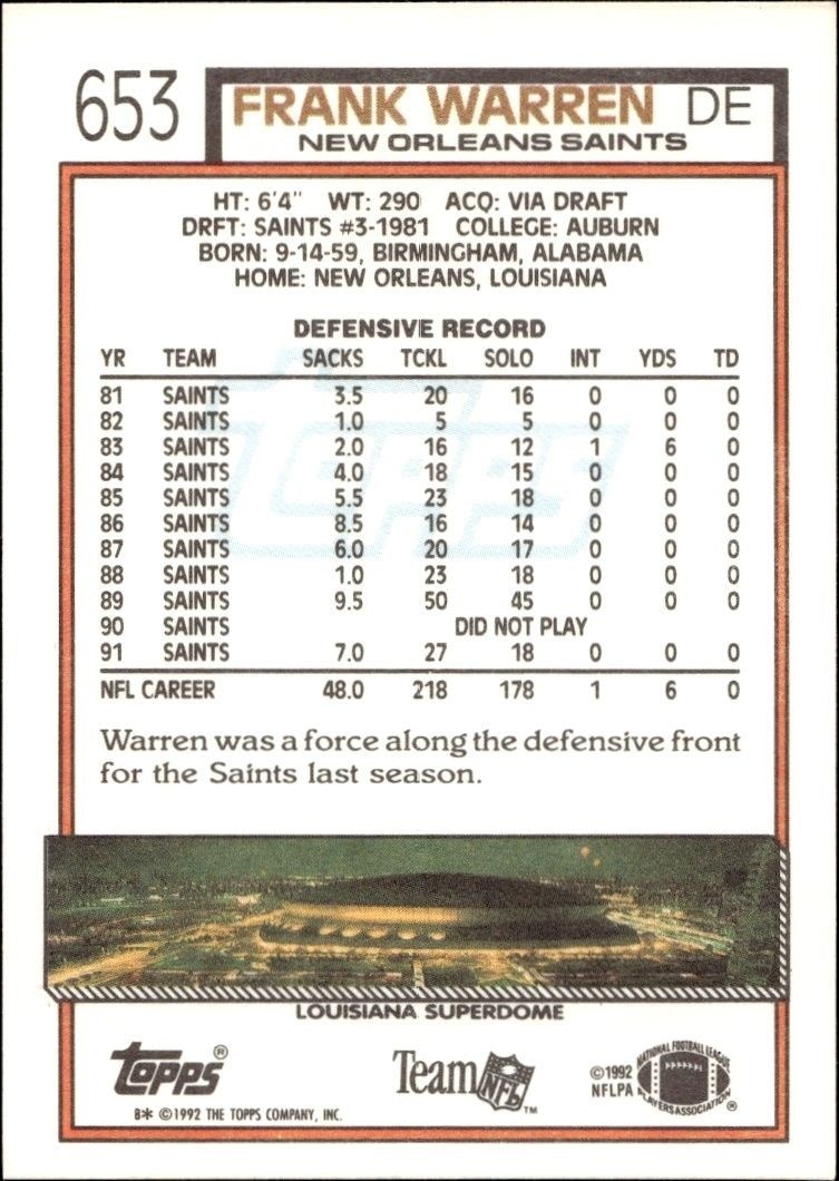 1992 Topps Frank Warren #653 football trading card back