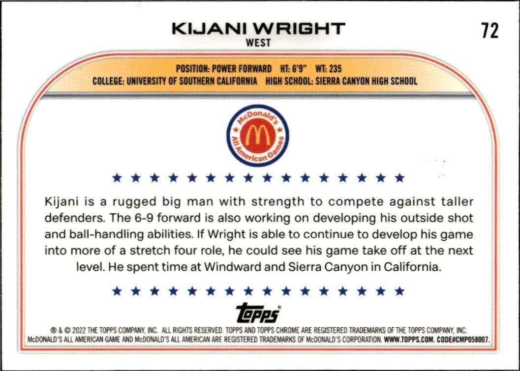 2022-23 Topps Mcdonald's All American Games Kijani Wright #72 basketball trading card back