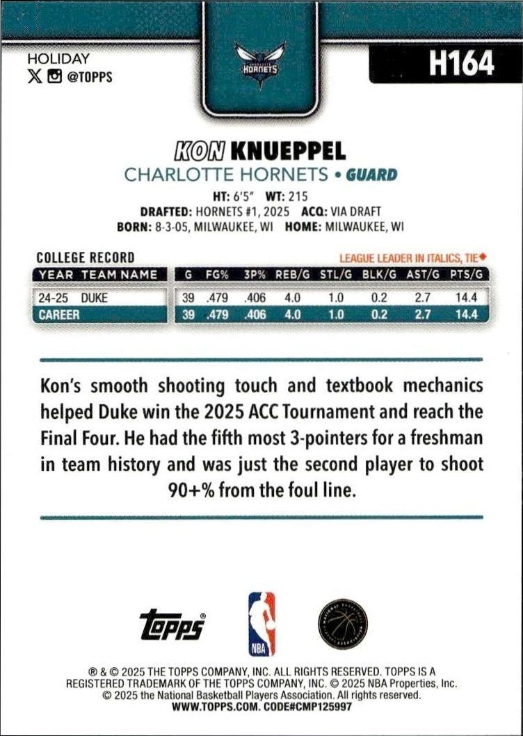 2025-26 Topps Holiday Kon Knueppel #H164 basketball trading card back