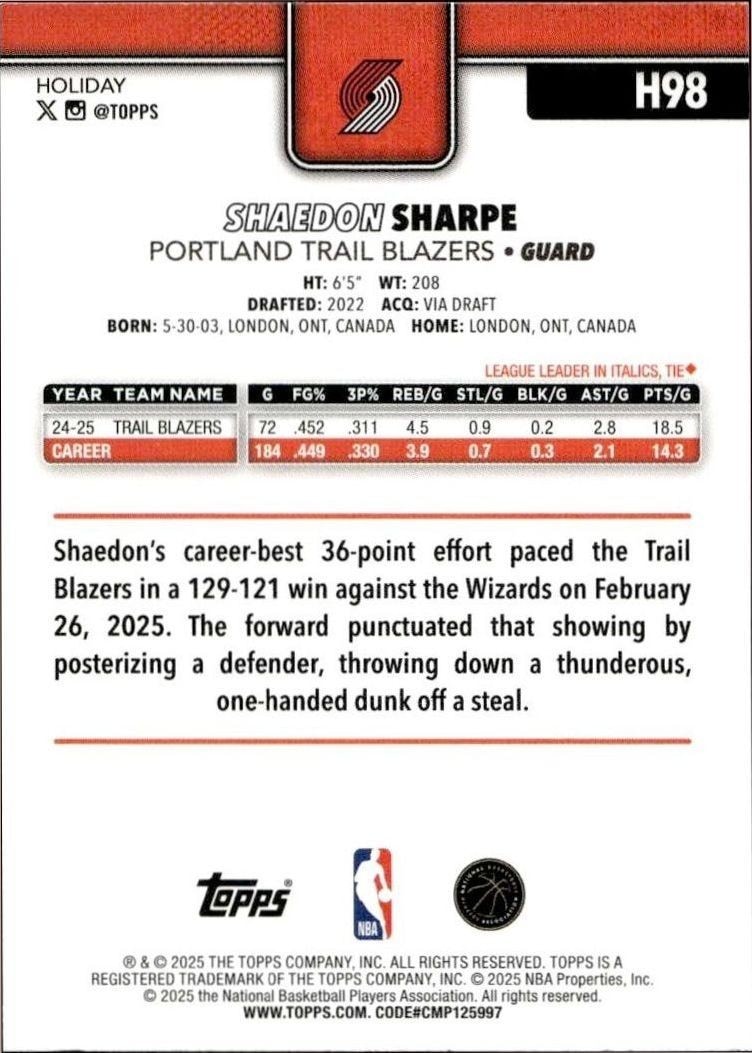 2025-26 Topps Holiday Shaedon Sharpe #H98 basketball trading card back