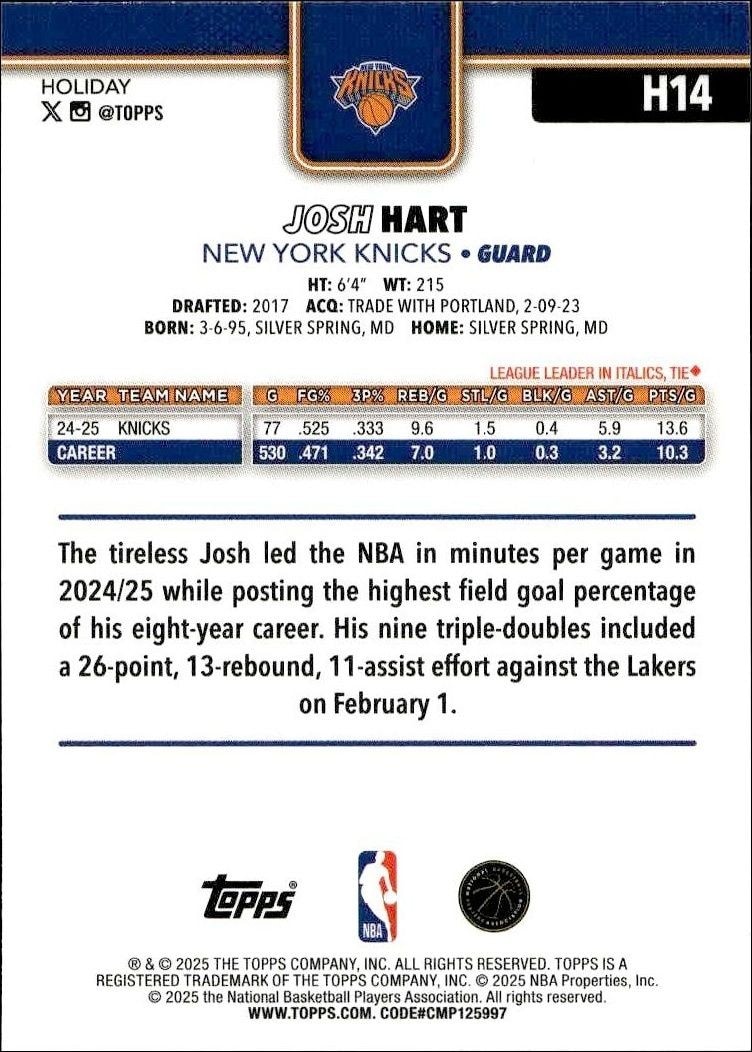 2025-26 Topps Holiday Josh Hart #H14 basketball trading card back